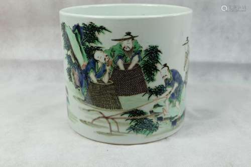 A LARGE CHINESE FAMILLE VERTE BRUSH POT ,DECORATED FISH MEN ...
