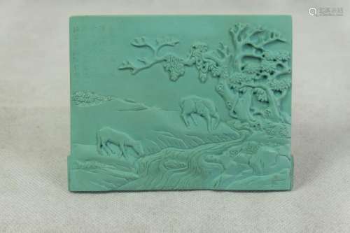 A CHINESE TURQUOISE PANEL , DECORATED WITH HORSES AND POEM. ...