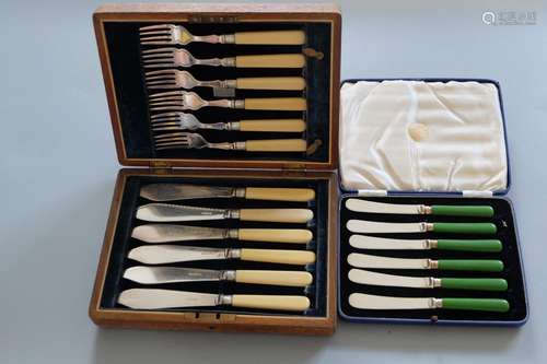 CASED SET OF SIX SILVER KNIVES AND FORKS WITH IVORY HANDLE, ...