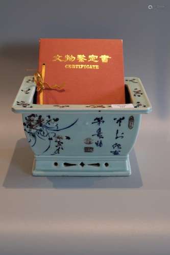 A CHINESE SQUARE FOWLER POT WITH CERTIFICATE ,24.5CM X 17CM ...