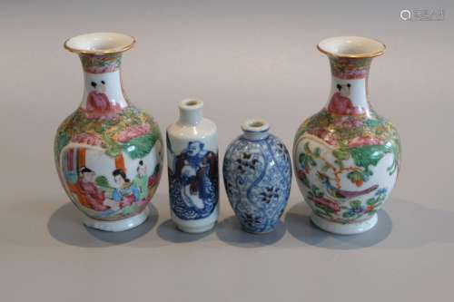 TWO CHINESE PORCELAIN VASE AND TWO SNUFF BOTTLES, TALLEST 11...