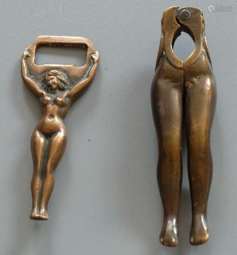 A BRONZE NUDE LADY BOTTLE OPENER AND A BRONZE NUDE WOMAN LEG...