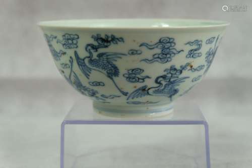 A CHINESE BLUE AND WHITE BOWL PAINTED 9 CRANE, WITH 6 CHARAC...