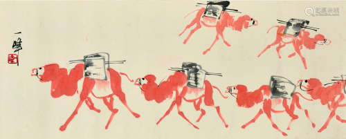 高一峰（1915～1972） 六只骆驼 镜片 设色纸本