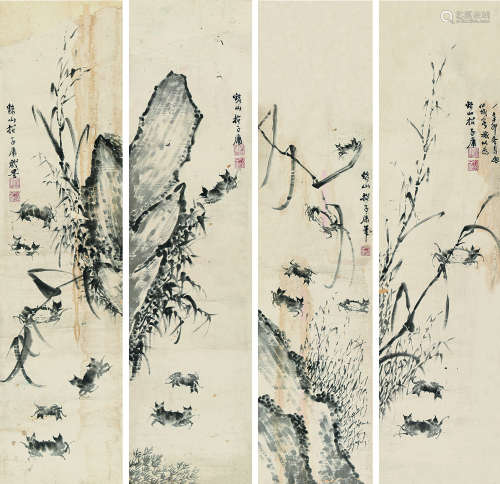 招子庸（1793～1846） 秋味螃蟹 （四幅） 镜片 水墨纸本