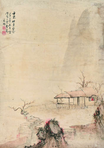 杨夏林（1919～2004） 戊子（1948）年作 盘溪小屋 镜片 设色纸本
