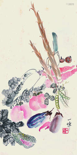 高一峰（1915～1972） 蔬菜水果 立轴 设色纸本