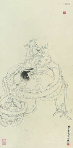 陈子奋（1898～1976） 白描降龙罗汉 镜片 水墨纸本