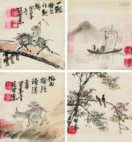 张哲惠（1905～1990） 四景 四挖镜框 设色纸本