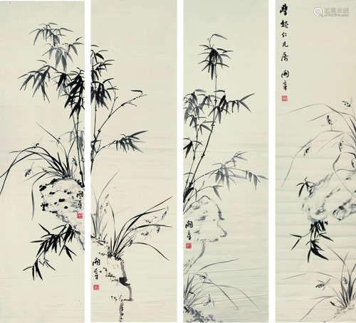 董开章（1909～1998） 竹兰双清 （四幅） 镜片 水墨纸本