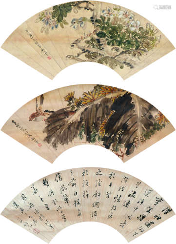 吴芾（民国）庄俊元（1803～1879） 雀鸟 行书汉祖还乡 三挖立轴 设色纸...
