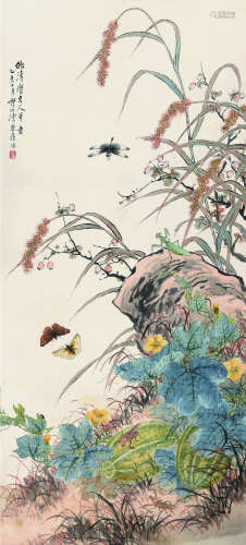 陈康侯（1866～1937） 乙亥（1935）年作 园中小景 立轴 设色纸本