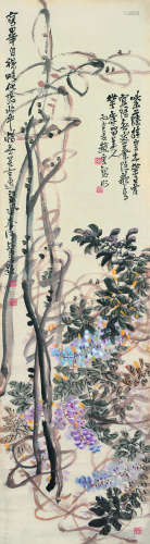 赵云壑（1874～1955） 丙子（1936）年作 紫藤挂云木 立轴 设色纸本