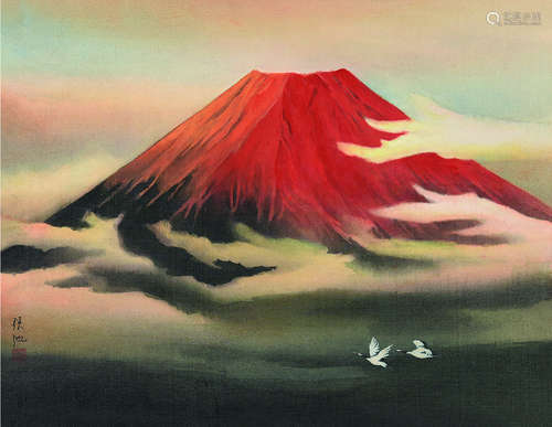 张弛（b.1957） 富士山 硬卡纸 设色绢本