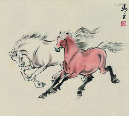 马晋（1900～1970） 双骏图 屏轴 设色纸本