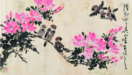 陆抑非（1908～1997） 鸟趣 镜片 设色纸本