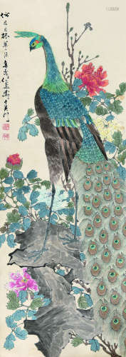 任薰（1835～1893） 孔雀牡丹 立轴 设色纸本
