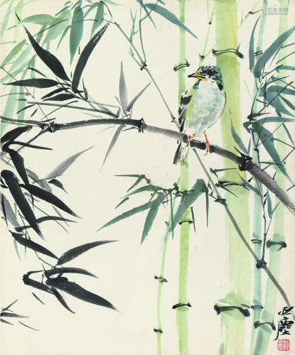 汪亚尘（1894～1983） 竹林小鸟 镜框 设色纸本
