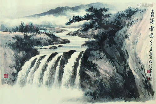 黄君璧（1898～1991） 己未（1979）年作 飞瀑雷鸣 镜片 设色纸本