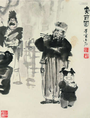 傅小石（b.1932） 辛酉（1981）年作 夜市图 立轴 水墨纸本