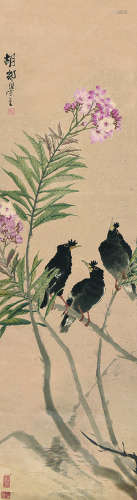 胡郯卿（1865～？） 三八哥夹竹桃 镜片 设色纸本
