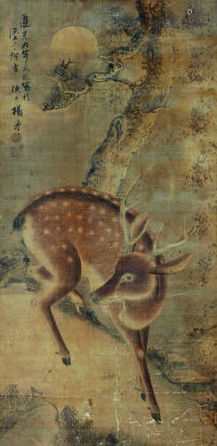 杨舟（清） 己丑（1829）年作 双鹿图 镜片 设色绢本