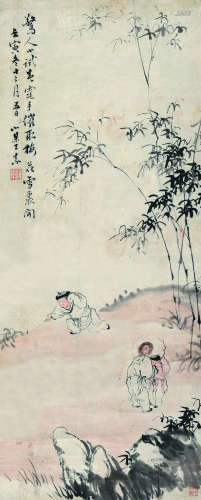 王素（1794～1877） 壬寅（1842）年作 爆竹声声 立轴 设色纸本