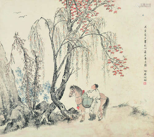 何丹山（1807～1875） 荫下骏马 镜片 设色纸本