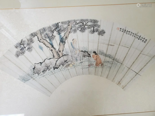 Chinese Watercolor and Ink Fan Painting on Paper.