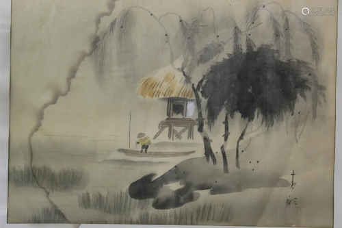 Asian Watercolor Painting on Silk, Signed.