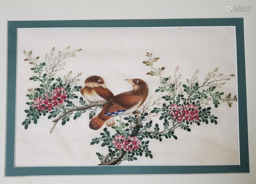 Chinese Gouache Painting on Rice Paper of Birds and