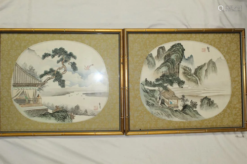 Pair of framed Chinese Ink and Watercolor Painting on