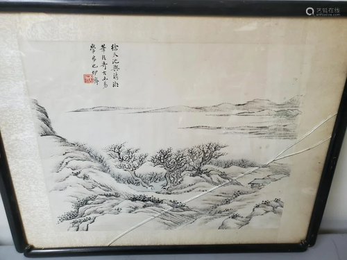 Chinese Ink and Watercolor Painting of a River Scene.