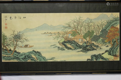 Chinese Watercolor painting of River Scene.