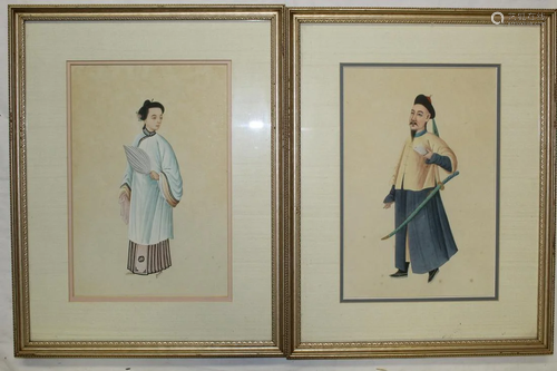 Pair of Chinese Watercolor Paintings of Court Officers.