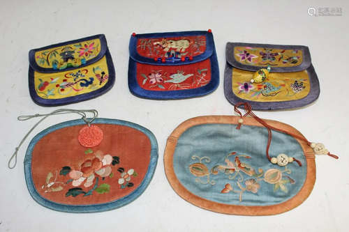 Five Chinese Embroidery Pouches.