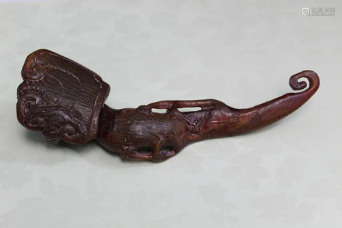 Chinese Carved Horn Ruyi Scepter.