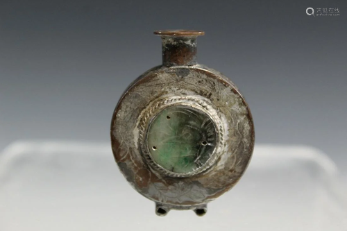 Chinese Metal Snuff Bottle with Inlaid Jadeite