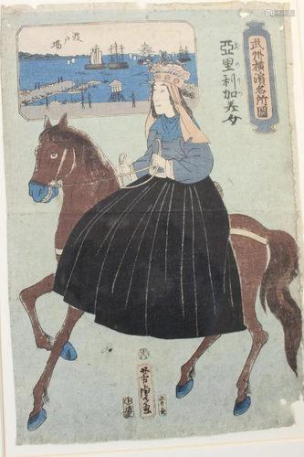 Japanese Woodblock. Lady on a horse.