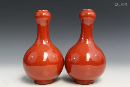 Pair of Chinese Red Glaze Garlic-Mouth Porcelain Vases
