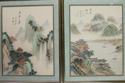 Pair of Chinese Watercolor paintings of landscape on