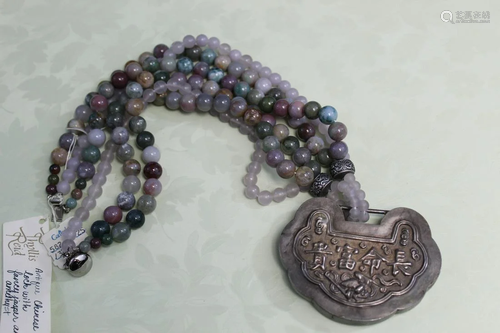 Antique Chinese Silver Pendant with Jasper and Amethyst