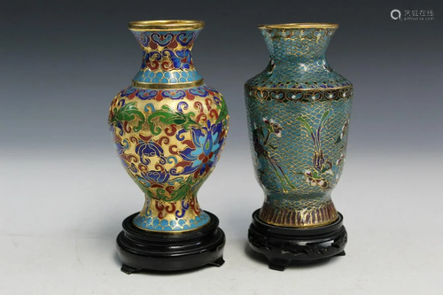 Two Chinese Cloisonne Vases on Wood Stands