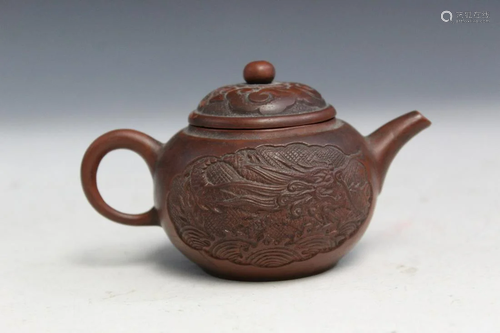 Chinese Yixing Teapot With Raised Dragon Decoration.