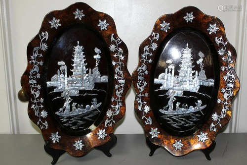 Pair of Asian Lacquer Trays with Mother-of-Pearl