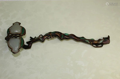 Chinese Bronze Ruyi Scepter with Jade Inlay.