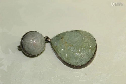 Chinese Carved Jade and Quartz Silver Pendant