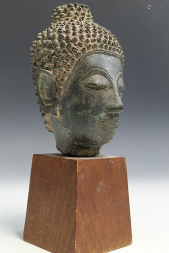 Antique Asian Bronze Buddha Head on Stand