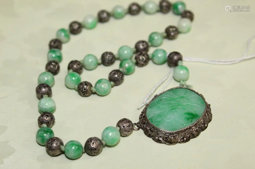 Chinese Silver and Jadeite Beads Necklace and Carved