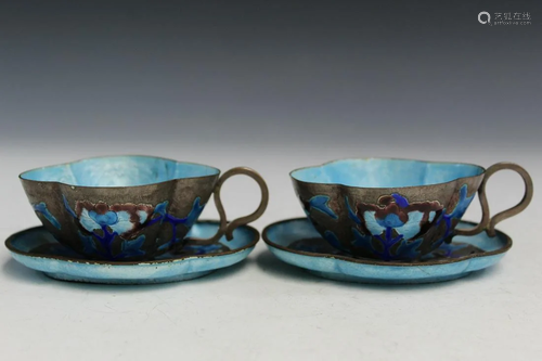 Pair of Chinese Enameled Teacups and Saucers.